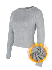 INAWLY 女式纯色圆领长袖修身休闲 T 恤，带保暖内衬，秋冬 - 淺灰色 - 查看 5