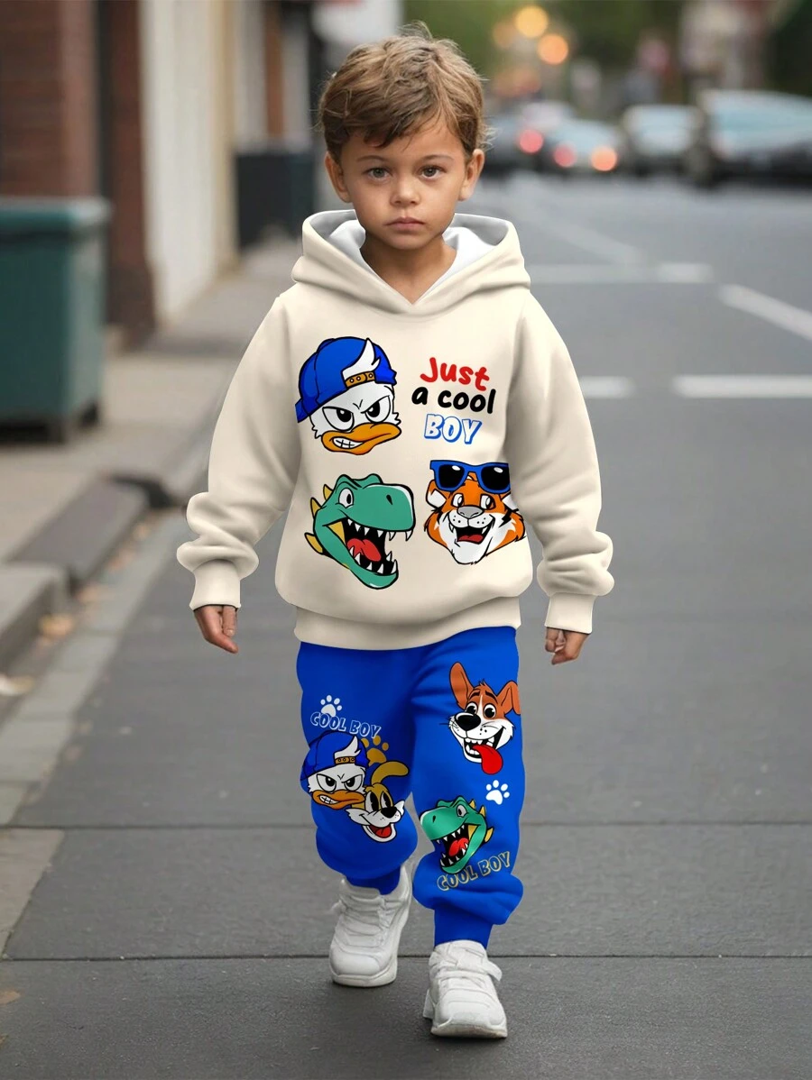 SHEIN Bộ 2 món Áo nỉ trùm đầu họa tiết động vật thường ngày rộng rãi cho bé trai hình vịt, khủng long, hổ, chó con, cá sấu dài tay cho mùa thu/đông - Nhiều màu - Xem 1