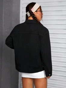 SHEIN ICON Black Dropped Shoulder Rivet Long Sleeve Washed Denim Jacket - Black - View 2