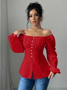 Chiquease 女士新款法式方领褶皱镂空细节开叉衬衫，适合新年衣服 - 紅色 - 查看 5