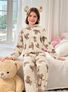 SHEIN Tween 女童休闲可爱卡通熊图案长袖连帽拉链前柔软保暖羊毛连体裤家居服，秋冬 - 白色 - 查看 3