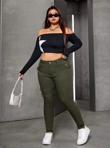 SHEIN EZwear Plus Size Women's Skinny Casual Versatile Denim Jeans With Snap Button Design - Army Green - View 4