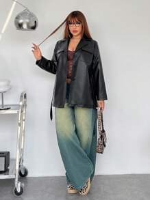 SHEIN EZwear Plus Size Solid Color Turn-Down Collar Cinched Waist Jacket, Autumn/Winter