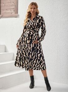 SHEIN 女士春秋休闲全印花纽扣前衬衫长袖连衣裙、办公室服装、服装、孕妇装 - 棕色 - 查看 5