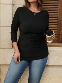 SHEIN LUNE 大码女式纯色圆领长袖侧开衩褶皱休闲T恤，适合秋季、假日、新年和冬季穿着。 - 黑色 - 查看 5