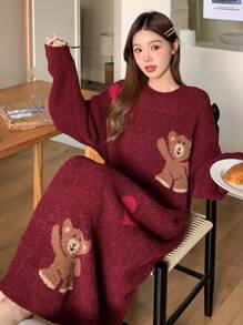 DAZY Warm Knitted Bear & Heart Pattern Loose Nightgown, Winter Pajama, Fall Red Women Dresses Christmas - Burgundy - View 7