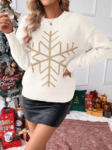 SHEIN LUNE Christmas Pattern Round Neck Drop Shoulder Long Sleeve Sweater Knit Pullover Fall Winter Outfit