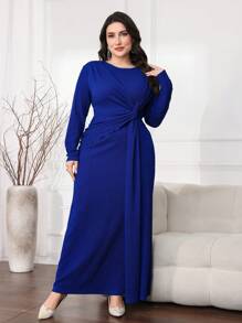 Modelyn Plus Size Women Solid Color Round Neck Long Sleeve Twist Waist Elegant Dress Long Evening Dresses - Blue - View 4