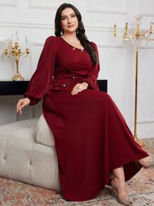 Modelyn Váy dài tay thanh lịch cổ bẻ xếp nếp màu trơn cỡ lớn cho Giáng sinh, Váy đỏ tía cỡ lớn, Váy thanh lịch cỡ lớn, Váy dạ hội dài màu đỏ cỡ lớn - Màu Đỏ Sâu - Xem 5