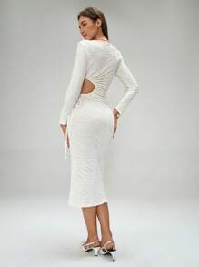 Chiquease Vestido de mujer de longitud media de unicolor, diseño hueco en la cintura, vestido ajustado y elegante maxivestido - Albaricoque - Ver 2