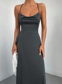 Draped Collar Split Thigh Cami Dress - Black - View 4