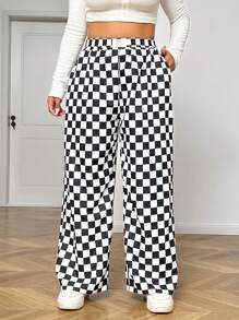 SHEIN EZwear 大码格子口袋松紧腰宽松阔腿裤 - 黑與白 - 查看 5