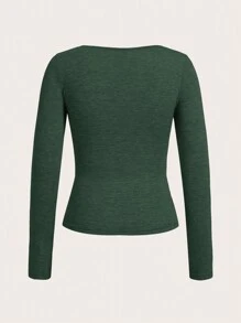 SHEIN EZwear 3 paquetes de camisetas de manga larga con cuello redondo y fruncido de color liso informal - Verde Oscuro - Ver 6