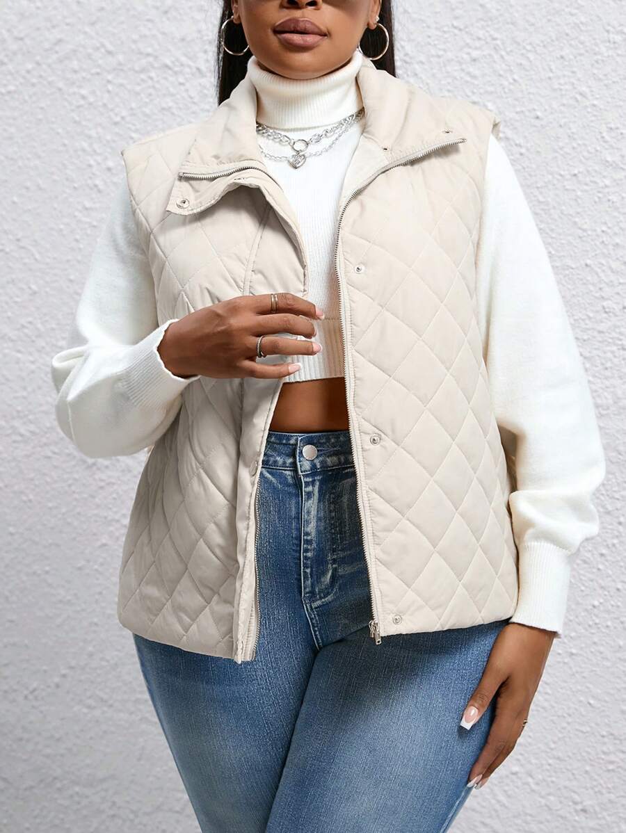 SHEIN Lady 秋冬休闲黑色编织立领前纽扣无袖大码冬季外套冬装冬季大衣秋装 - 杏色 - 查看 1