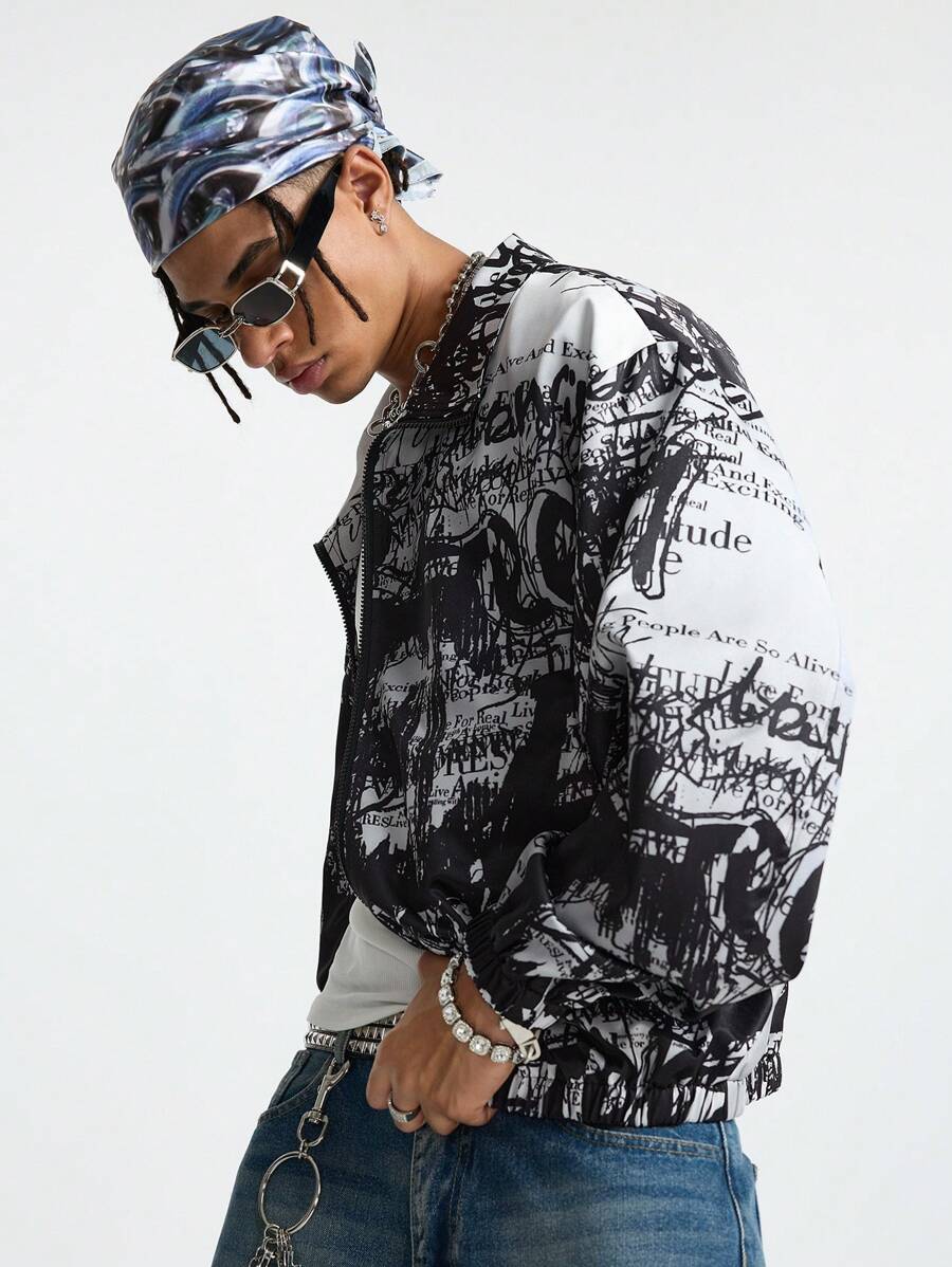 Manfinity VCAY Men's Graffiti Digital Print Loose Knitted Long Sleeve Jacket, For Fall Winter - Dark Grey - View 1