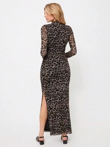 SHEIN EZwear 女式复古豹纹简约日常长袖连衣裙 - 彩色 - 查看 2