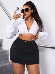 SHEIN SXY Plus Size Women Non-Stretch Black Denim Sexy Mini Skirt, Fashionable & Versatile