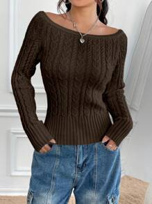 SHEIN Unity 女式纯色船领插肩袖长袖休闲毛衣，秋冬款 - 咖啡棕 - 查看 1