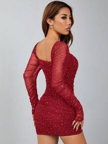 SHEIN PETITE Sequin Mesh Square Neck Long Sleeve Ruched Bodycon Mini Dress - Burgundy - View 2