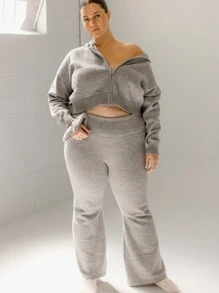 Aralina Pantalones de punto de pierna ancha con cintura plegable en talla grande, color gris jaspeado, para invierno