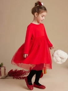 PrepCrw Young Girl Christmas Collegiate Style Red Woven Splice Mesh Round Neck A-Line Dress, Autumn/Winter
