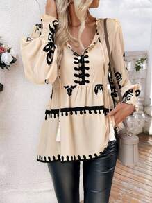 Chiquease Áo sơ mi dài tay in họa tiết lấy cảm hứng từ kỳ nghỉ dành cho nữ Áo peplum - Màu be - Xem 6