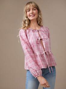 WESTFADE Western Cowgirl Plaid Tie Front Long Sleeve Ruffle Peplum Bow Top Spring Break Nashville