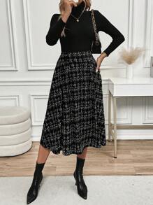 Editum 女式格子 A 字裙，仿高腰，适合优雅通勤和休闲穿着，秋冬季 - 黑與白 - 查看 6