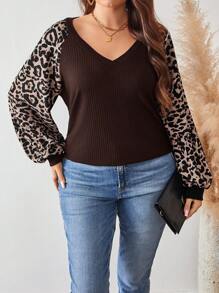 SHEIN LUNE Plus Size Women's Spring & Fall Leopard Print Lantern Sleeve V-Neck Casual T-Shirt Travel Holiday New Year Winter Clothes For Women New Years - Brown - View 4