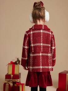 PrepCrw 秋冬季年轻女孩领口红色格子蝴蝶结装饰编织修身开衫