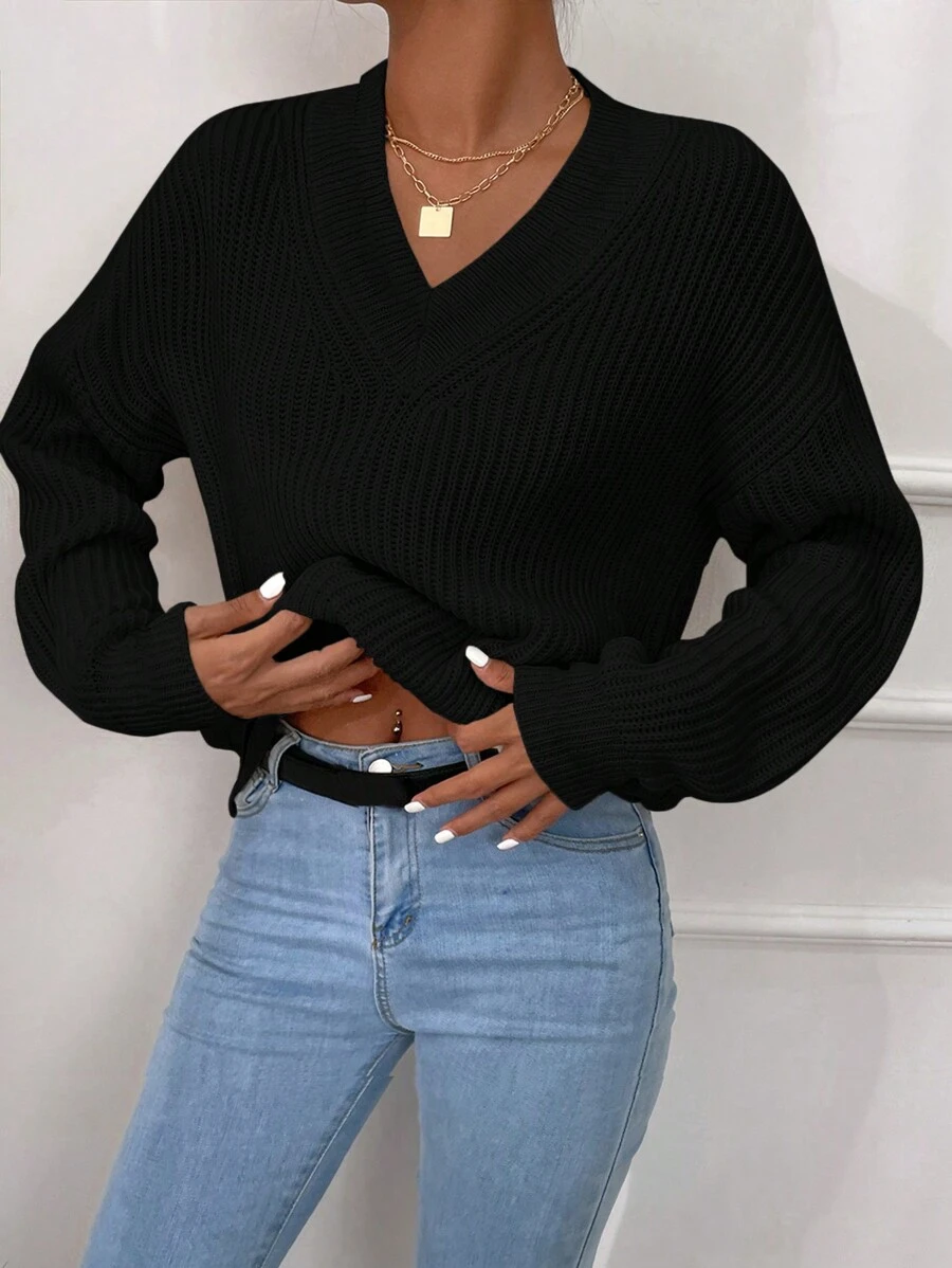 EURMUSE Women's Solid Color Drop Shoulder Sweater - Black - View 1
