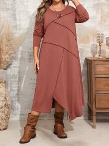 EMERY ROSE Plus Size Casual Round Neck Long Sleeve Fashionable Comfortable Fall Dress,Winter Clothes For Women