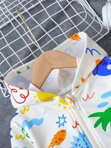 SHEIN 2 件套年轻女孩卡通创意图案柔软连帽拉链夹克 + 休闲裤套装，适合儿童春秋季户外运动和玩耍 - 杏色 - 查看 5