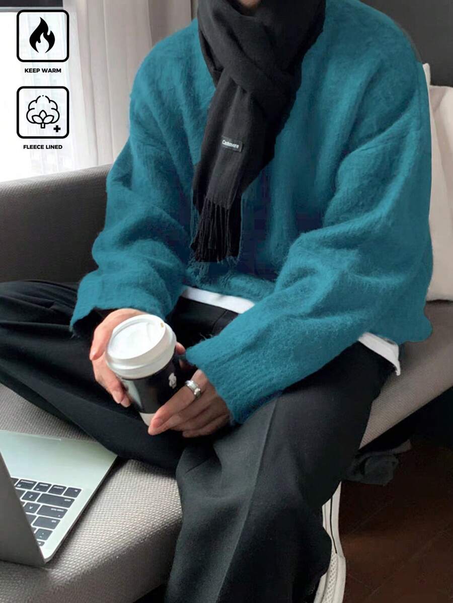 Manfinity CasualKnits Men Plain Casual Everyday Wear Round Neck Loose Drop Shoulder Graphic Pullover Long Sleeve Sweater For Autumn/Winter, Vacation, Boyfriend Gift - Blue - View 1