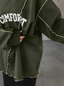 FRIFUL 女士撞色宽松印花T恤，秋季长袖女式上衣图案T恤 - 軍綠色 - 查看 4