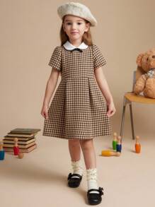 PrepCrw Abito da college a vita alta con motivo pied-de-poule, stile autunnale/invernale per ragazze giovani, con colletto a contrasto di colore - Caffè - Visualizzare 2