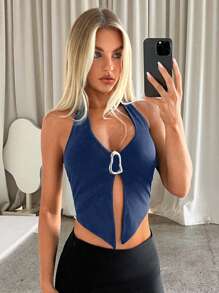 Aloruh 女士纯色金属扣设计开褶性感露背背心 - 藏蓝色 - 查看 6