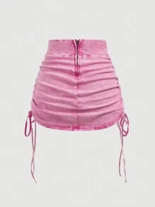 SHEIN MOD Women Asymmetric Waist Drawstring Casual Short Denim Mini Skirt - Pink - View 2