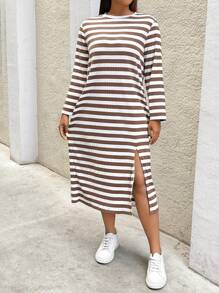 SHEIN Essnce Plus Size Women's Autumn And Winter Casual Loose And Comfortable Long Sleeve Slit Striped Mid-Length Dress,Fall Clothes,Black And White Dress,Curv Dress,Teacher Clothes,Fall Women Outfits,Homecoming,Midi Women Dresses,Airport Women Outfits