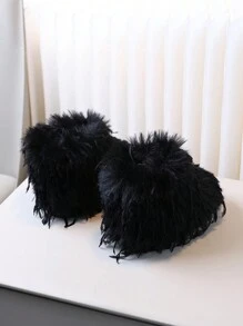 1 双女童时尚毛绒冬季雪地毛绒靴，加厚保暖内衬 - 黑色 - 查看 5