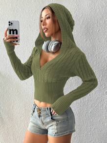 Lunelith SHEIN Lunessa Damski sweter z kapturem i długim rękawem w jednolitym kolorze, z wzorem kablowym