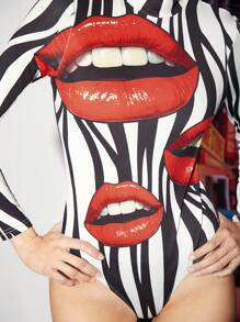 NO NAME Designer Boho Bohemian Women's Lips Print Black And White Striped Stand Collar Backless Bodysuit, For Holiday, Vacation, Spring & Summer, Beach, Festival, Ibiza Fits - Multicolor - View 4