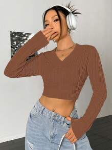 Flirla Suéter de cuello en V de unicolor, casual y versátil de manga larga para mujer