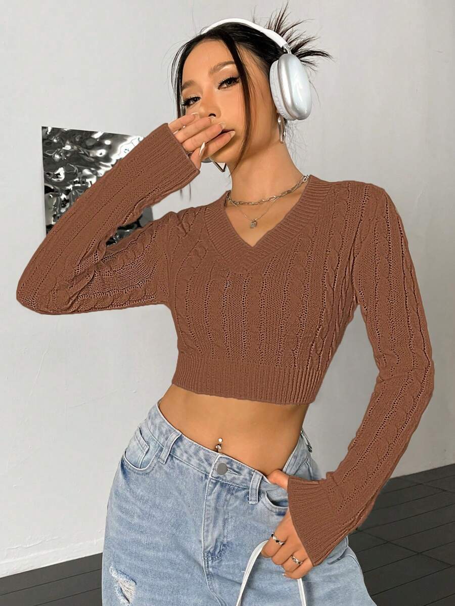 Flirla Suéter de cuello en V de unicolor, casual y versátil de manga larga para mujer