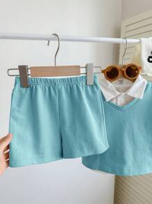 SHEIN 3 件套男婴休闲装套装：蓝白圆领无袖背心、翻领短袖开衫、短裤，适合上学、户外、居家，百搭时尚 - 藍色 - 查看 7