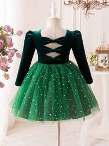 SHEIN Abito a maglia da ragazza con collo rotondo, schiena traforata e colore unito - Verde - Visualizzare 2