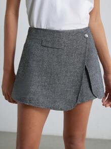 GENKIRA Refined & Elegant Luxury MiuMiu Style Tweed Pocket Design Women Fashion Wide Leg Pants  - Grey - View 6
