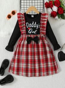 Vestido de manga larga blanco de princesa para niñas jóvenes, para el 7º cumpleaños, a juego con la familia, cómodo y suave, cuello redondo, estampado de letras en inglés y corazones, uso casual - Multicolor - Ver 1
