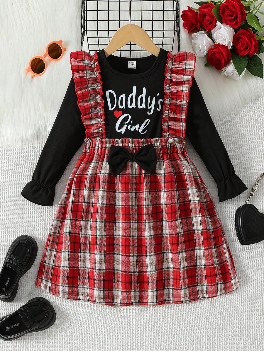 Vestido de manga larga blanco de princesa para niñas jóvenes, para el 7º cumpleaños, a juego con la familia, cómodo y suave, cuello redondo, estampado de letras en inglés y corazones, uso casual - Multicolor - Ver 1