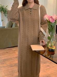 DAZY Plain Collared Half-Zip Knitted Dress For Women,Fall Clothes Women Sweater Dresses - Coffee Brown - View 8